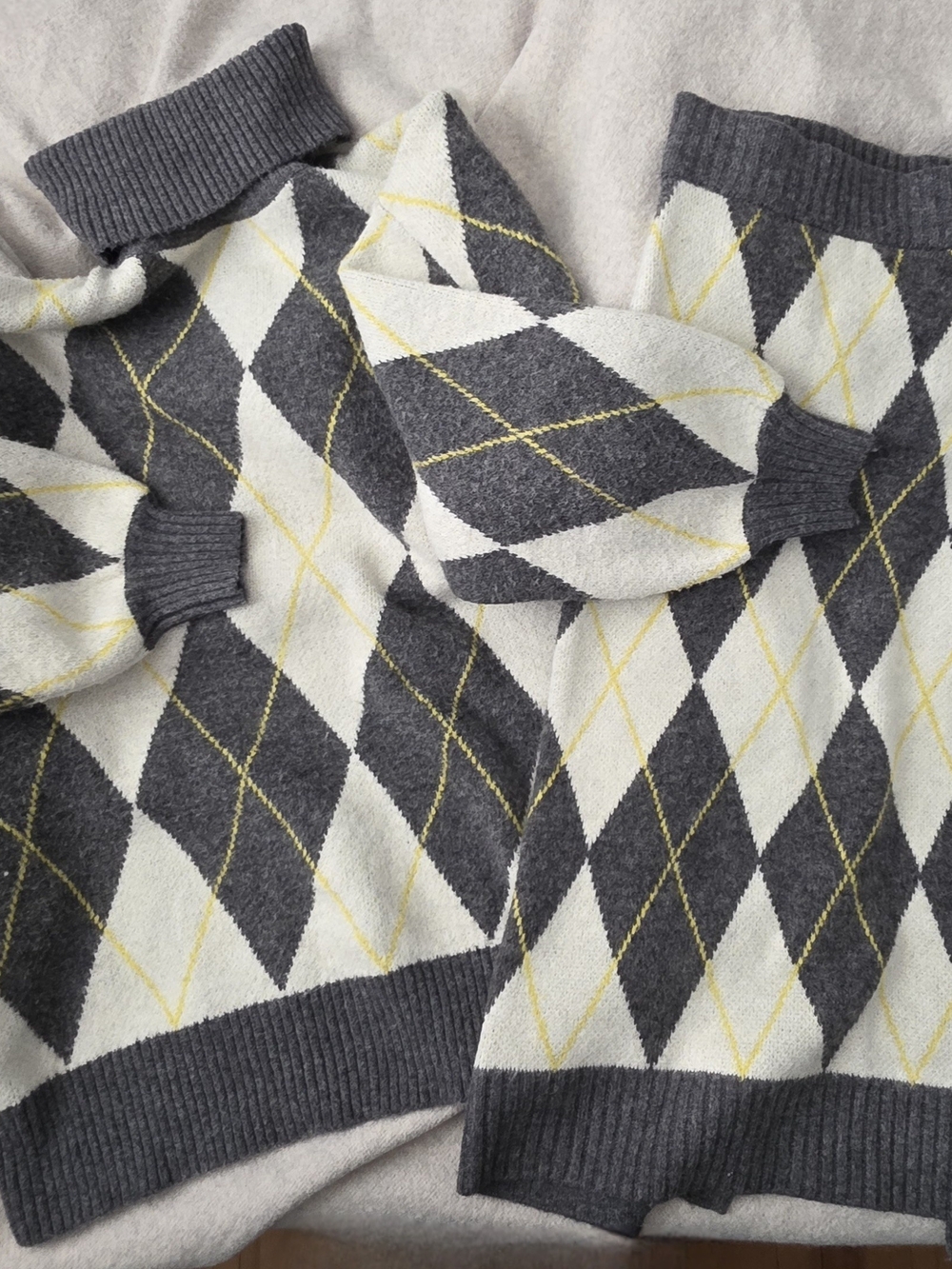 Pringle Grey & White Argyle Turtleneck Sweater and Skirt with Yellow Stitching